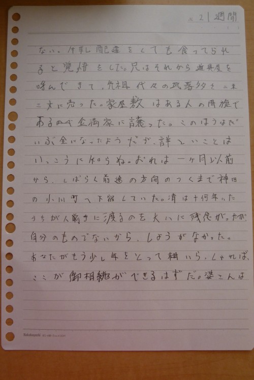 左手で書き始めて二十一週間目の文字の画像